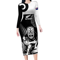 Custom New Zealand Silver Fern Rugby Family Matching Long Sleeve Bodycon Dress and Hawaiian Shirt Go Champions NZ All Black Maori Koru LT14 Mom's Dress Black - Polynesian Pride