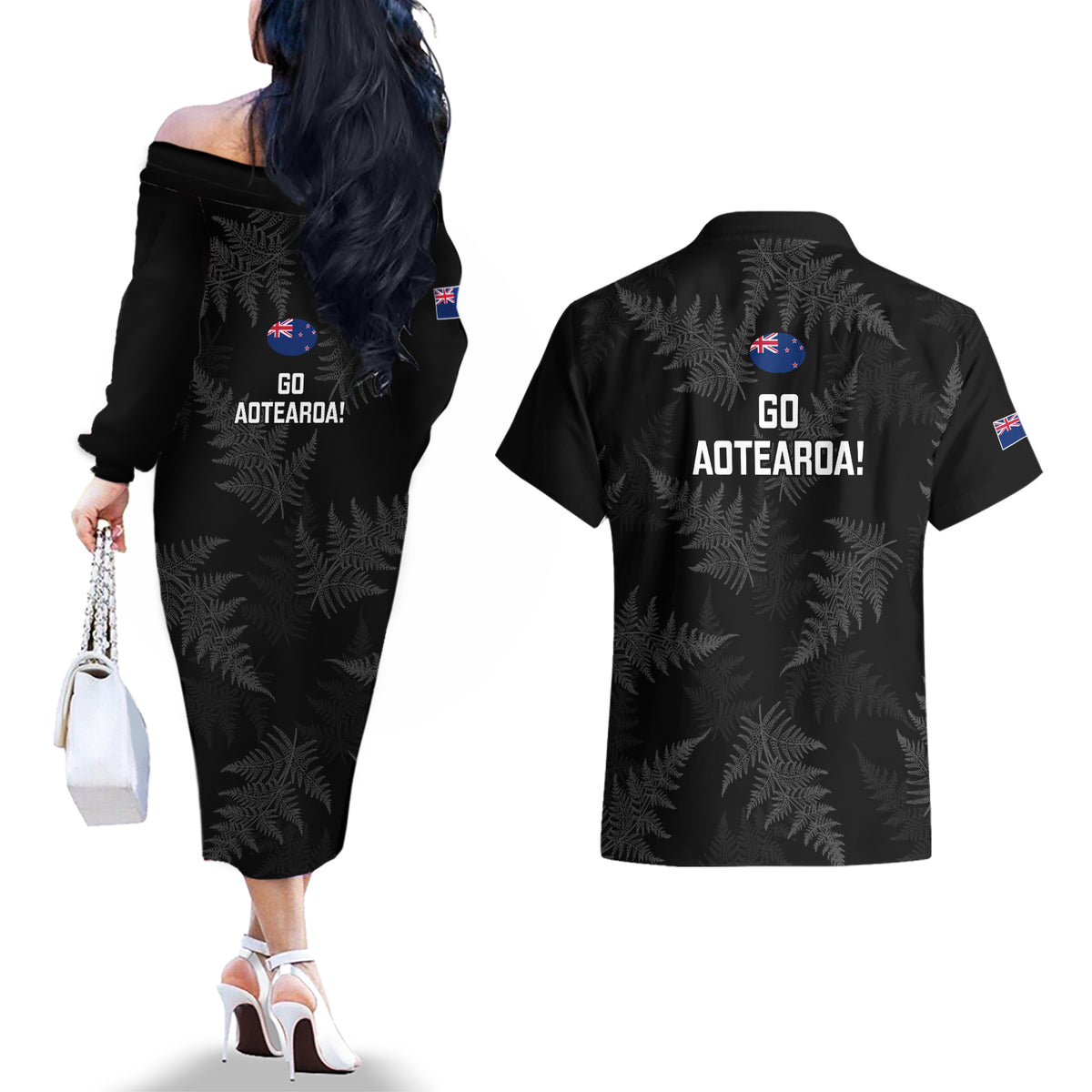 New Zealand Silver Fern Rugby Couples Matching Off The Shoulder Long Sleeve Dress and Hawaiian Shirt 2023 Go Aotearoa Champions World Cup LT14 - Polynesian Pride