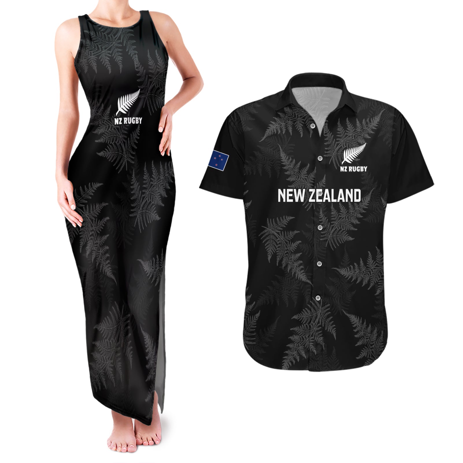 New Zealand Silver Fern Rugby Couples Matching Tank Maxi Dress and Hawaiian Shirt 2023 Go Aotearoa Champions World Cup LT14 Black - Polynesian Pride