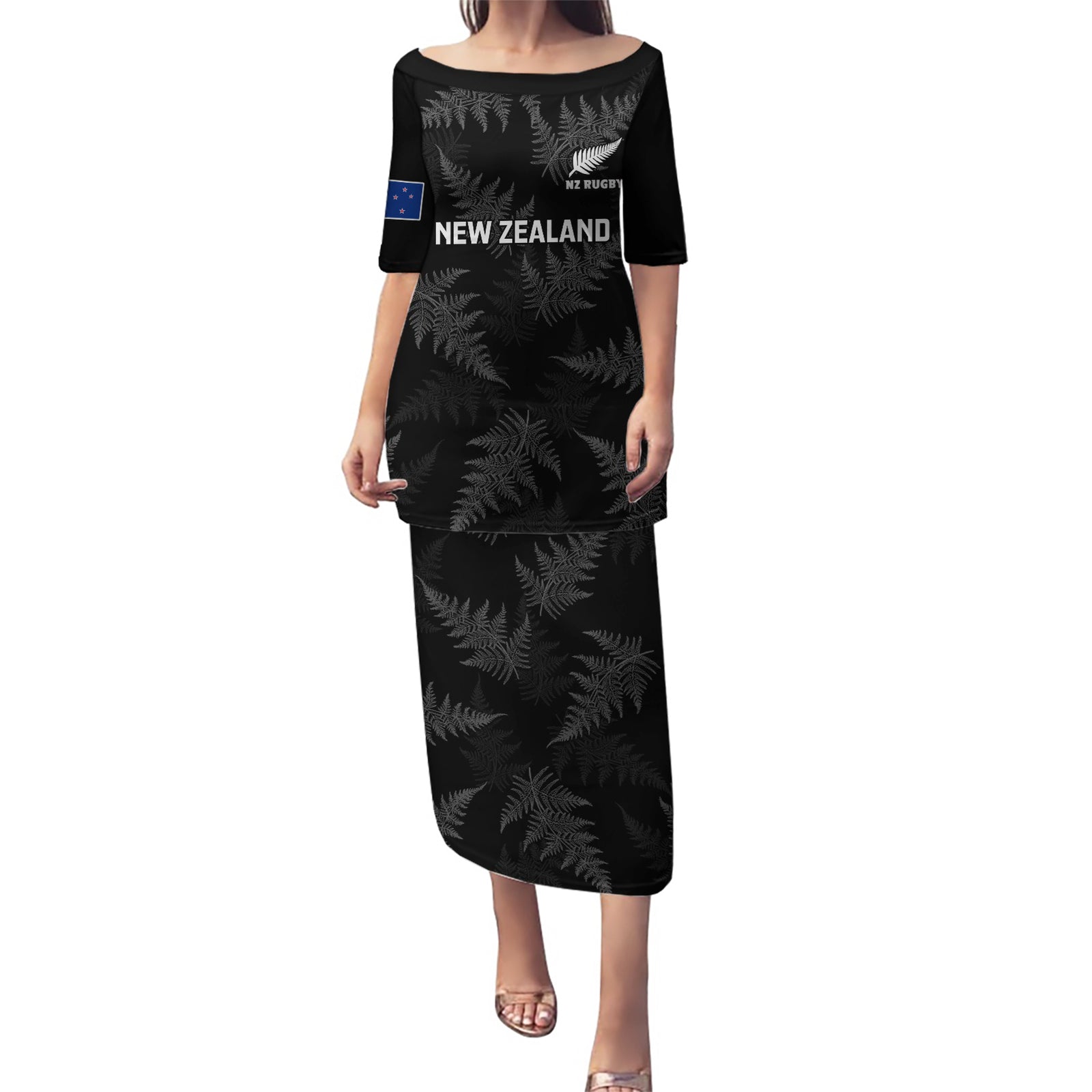 New Zealand Silver Fern Rugby Puletasi 2023 Go Aotearoa Champions World Cup LT14 Long Dress Black - Polynesian Pride