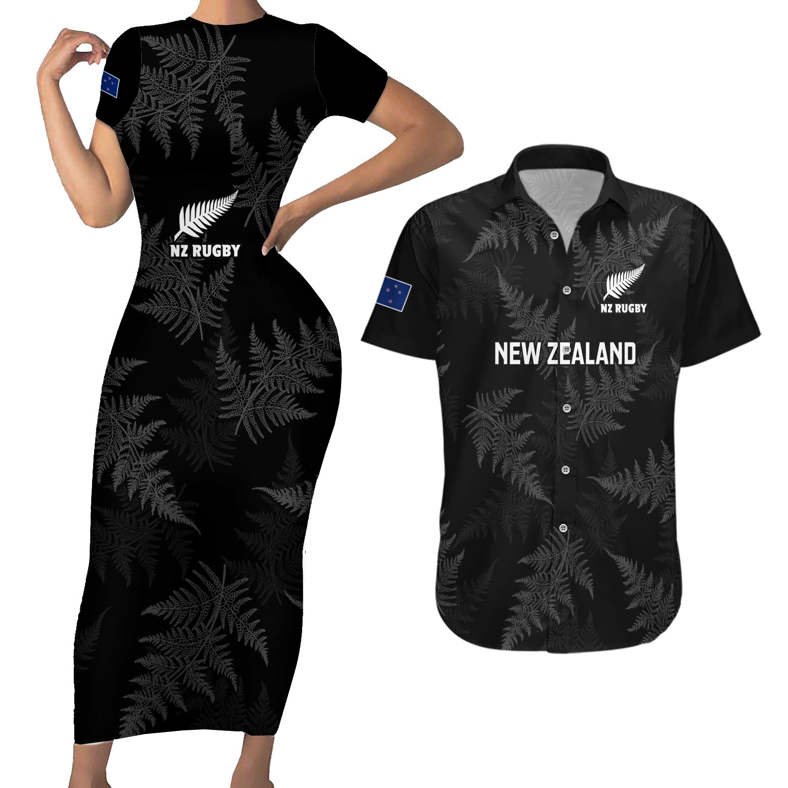 Custom New Zealand Silver Fern Rugby Couples Matching Short Sleeve Bodycon Dress and Hawaiian Shirt 2023 Go Aotearoa Champions World Cup LT14 Black - Polynesian Pride