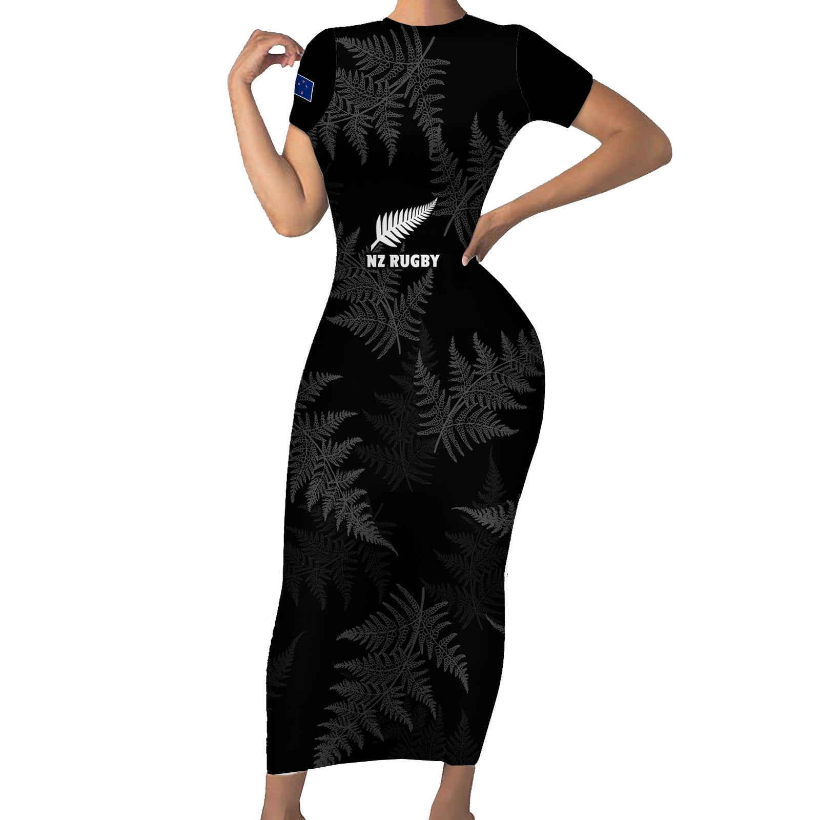 Custom New Zealand Silver Fern Rugby Short Sleeve Bodycon Dress 2023 Go Aotearoa Champions World Cup LT14 Long Dress Black - Polynesian Pride