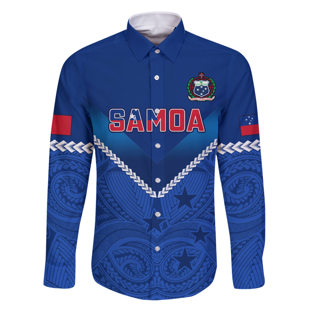 Samoa Rugby Family Matching Puletasi Dress and Hawaiian Shirt 2023 Go Manu Samoa LT14 Dad's Shirt - Long Sleeve Blue - Polynesian Pride