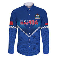 Samoa Rugby Family Matching Summer Maxi Dress and Hawaiian Shirt 2023 Go Manu Samoa LT14 Dad's Shirt - Long Sleeve Blue - Polynesian Pride