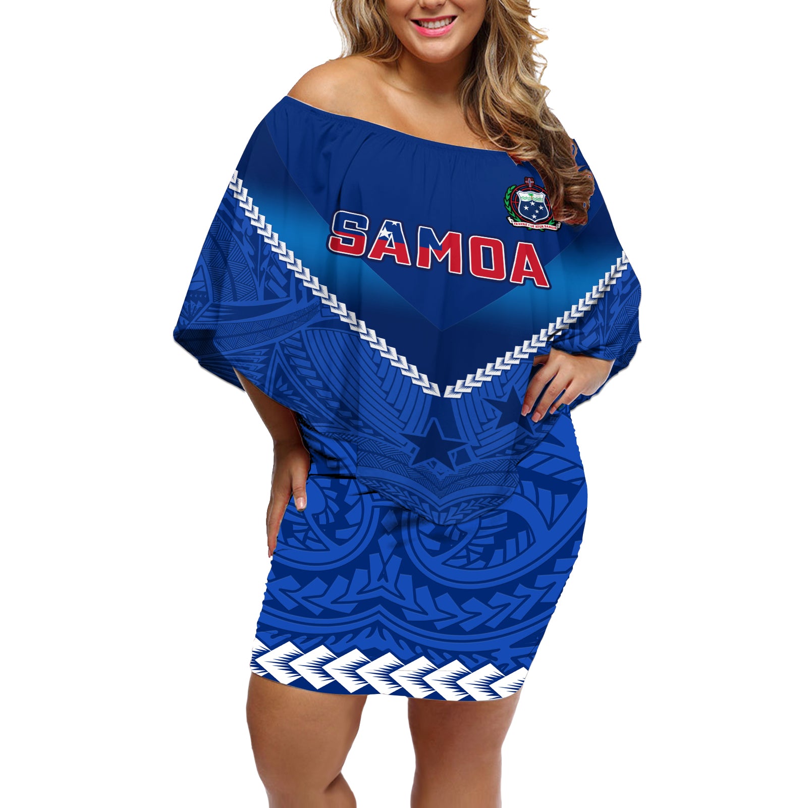 Samoa Rugby Off Shoulder Short Dress 2023 Go Manu Samoa LT14 Women Blue - Polynesian Pride