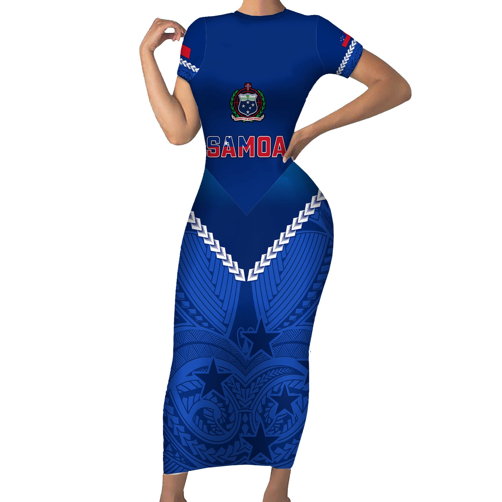 Samoa Rugby Short Sleeve Bodycon Dress 2023 Go Manu Samoa LT14 Long Dress Blue - Polynesian Pride