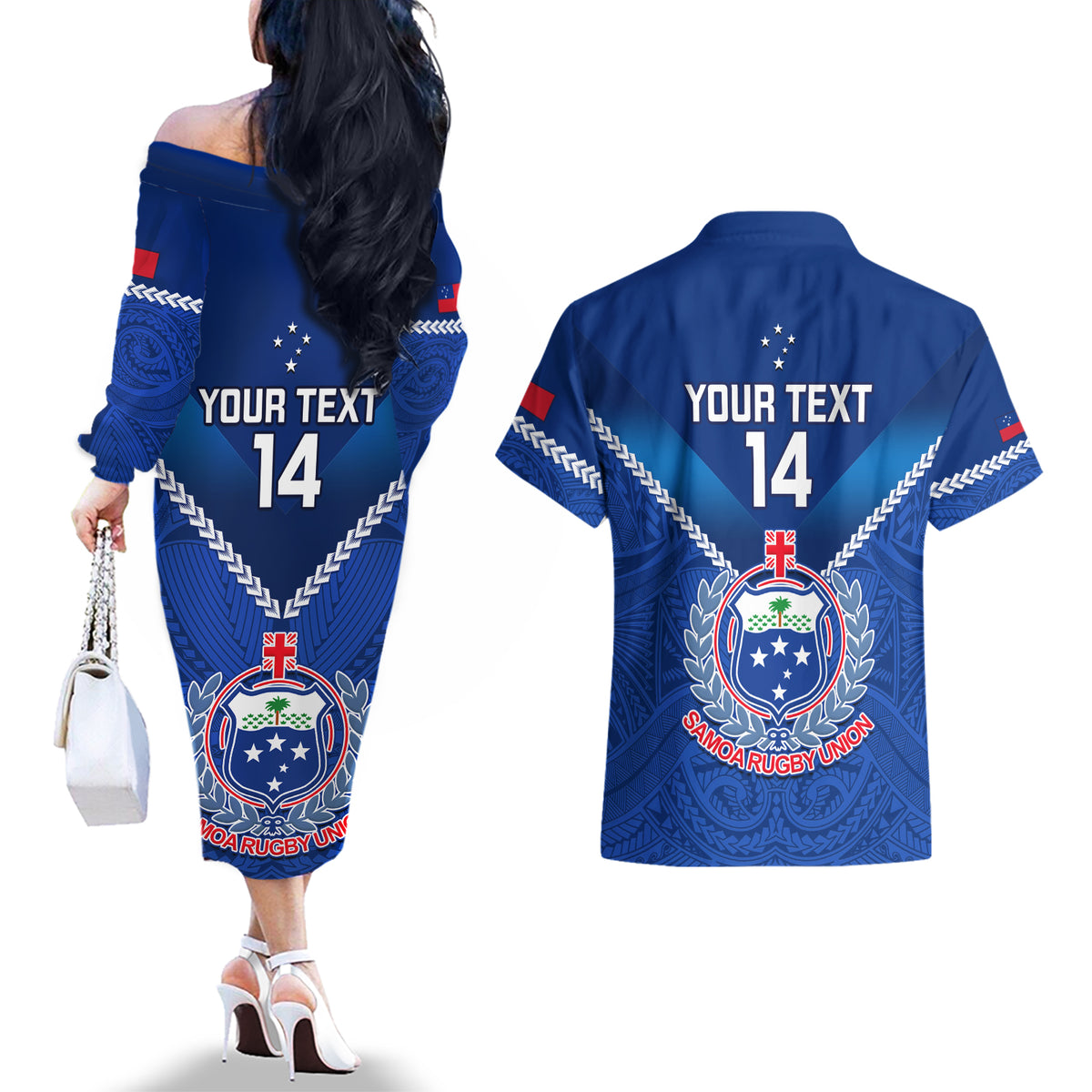 Custom Samoa Rugby Couples Matching Off The Shoulder Long Sleeve Dress and Hawaiian Shirt 2023 Go Manu Samoa LT14 - Polynesian Pride