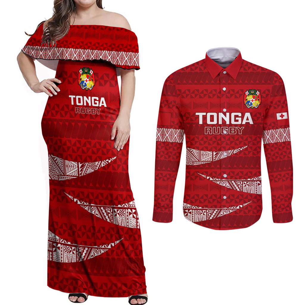 Tonga Rugby Couples Matching Off Shoulder Maxi Dress and Long Sleeve Button Shirts 2023 Ikale Tahi Tongan Ngatu Pattern LT14 Red - Polynesian Pride