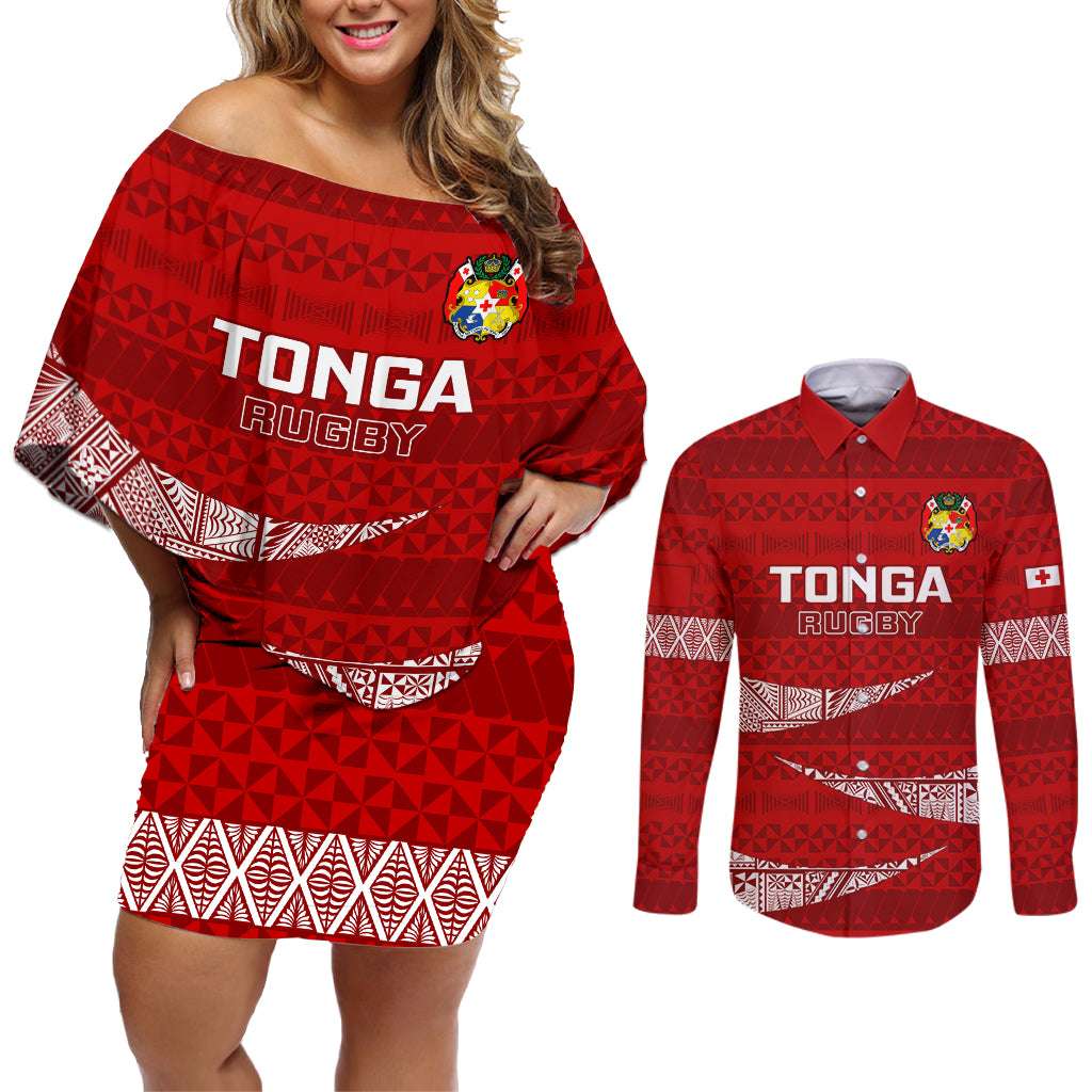 Tonga Rugby Couples Matching Off Shoulder Short Dress and Long Sleeve Button Shirts 2023 Ikale Tahi Tongan Ngatu Pattern LT14 Red - Polynesian Pride