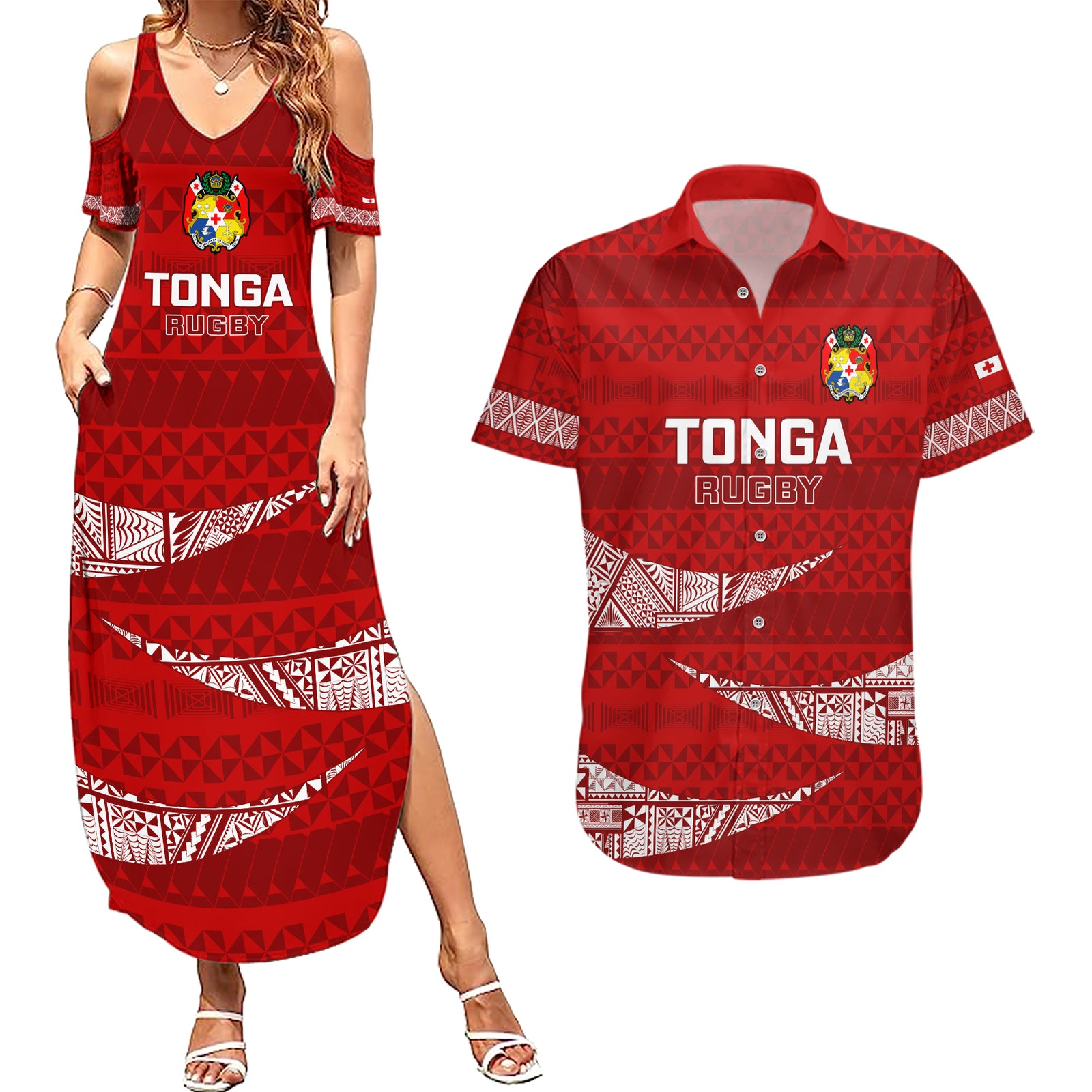 Tonga Rugby Couples Matching Summer Maxi Dress and Hawaiian Shirt 2023 Ikale Tahi Tongan Ngatu Pattern LT14 Red - Polynesian Pride