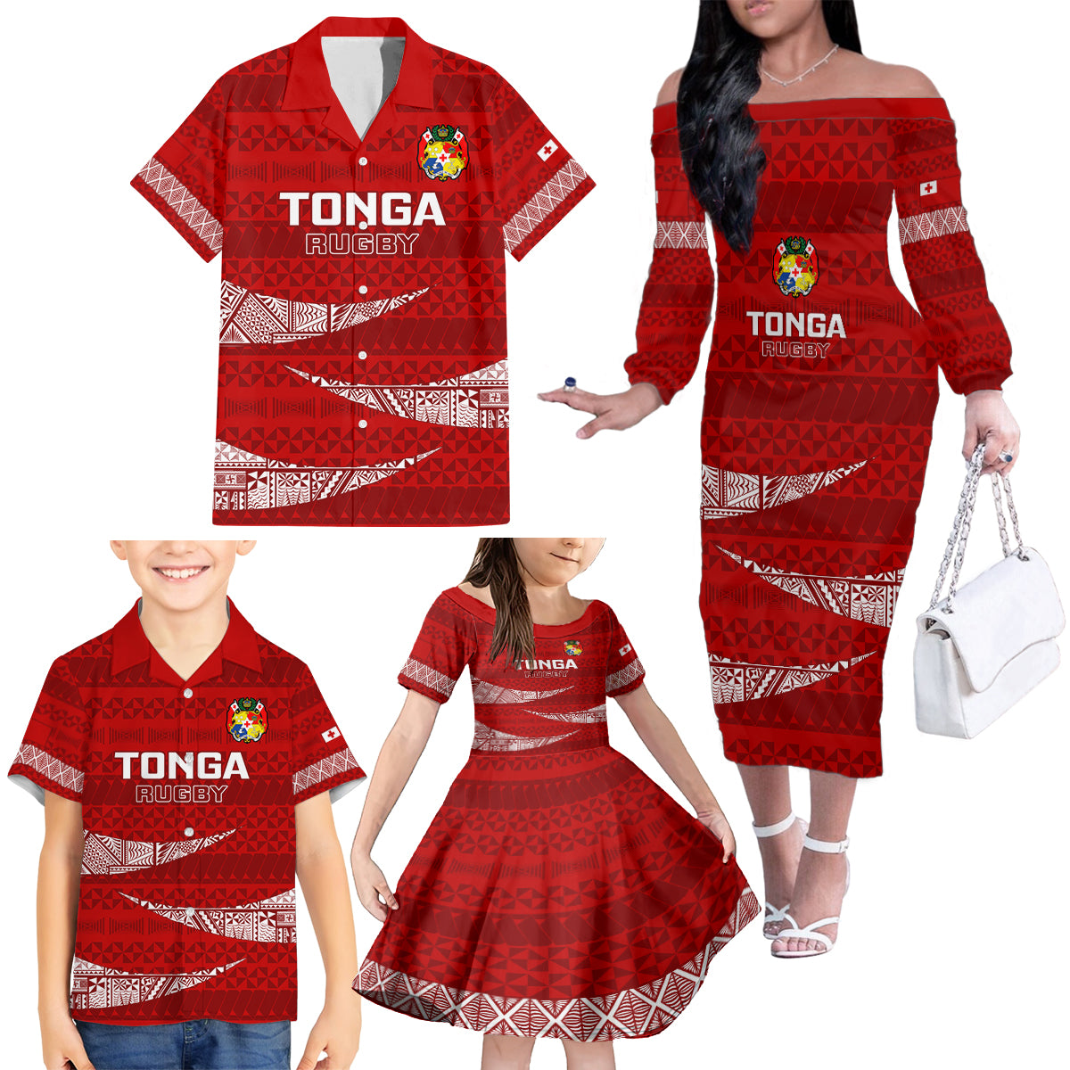 Tonga Rugby Family Matching Off Shoulder Long Sleeve Dress and Hawaiian Shirt 2023 Ikale Tahi Tongan Ngatu Pattern LT14 - Polynesian Pride