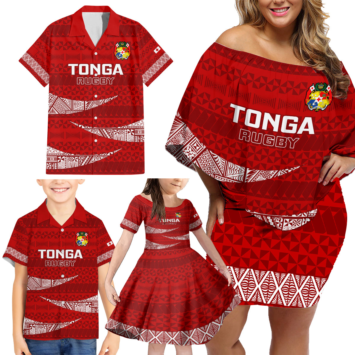 Tonga Rugby Family Matching Off Shoulder Short Dress and Hawaiian Shirt 2023 Ikale Tahi Tongan Ngatu Pattern LT14 - Polynesian Pride