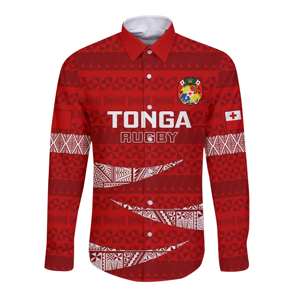 Tonga Rugby Long Sleeve Button Shirt 2023 Ikale Tahi Tongan Ngatu Pattern LT14 Unisex Red - Polynesian Pride