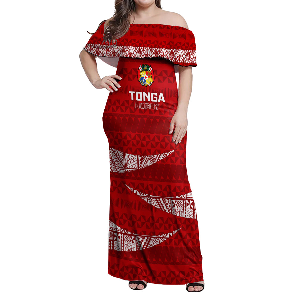 Tonga Rugby Off Shoulder Maxi Dress 2023 Ikale Tahi Tongan Ngatu Pattern LT14 Women Red - Polynesian Pride