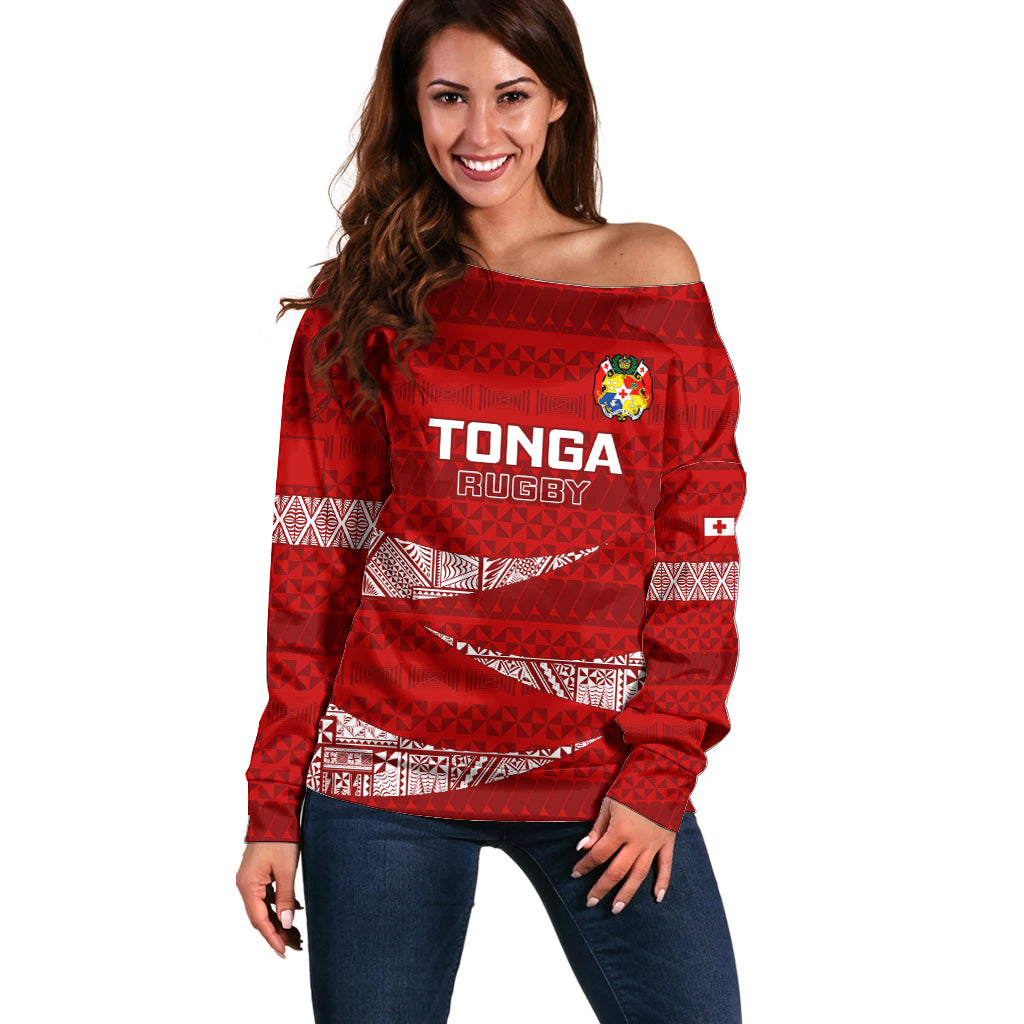 Tonga Rugby Off Shoulder Sweater 2023 Ikale Tahi Tongan Ngatu Pattern LT14 Women Red - Polynesian Pride