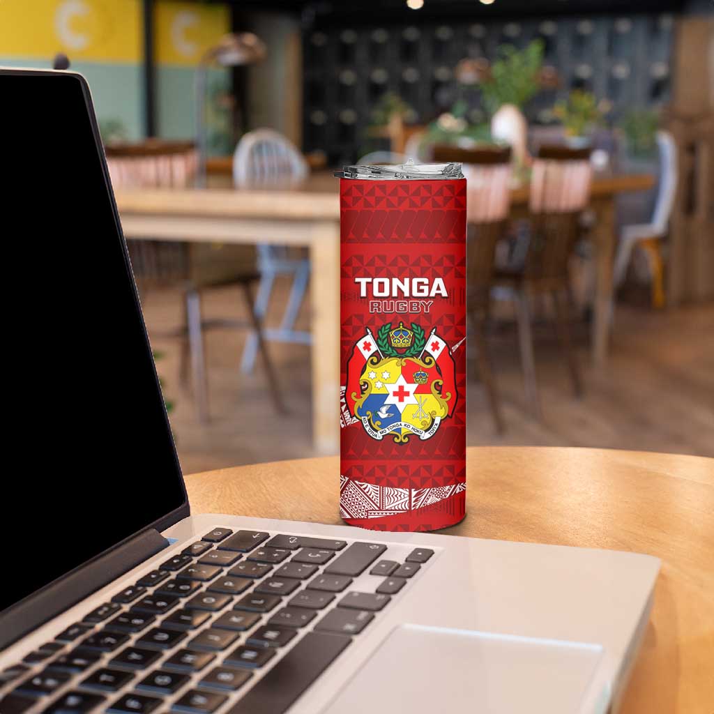 Personalised Tonga Rugby Skinny Tumbler Ikale Tahi Tongan Ngatu Pattern