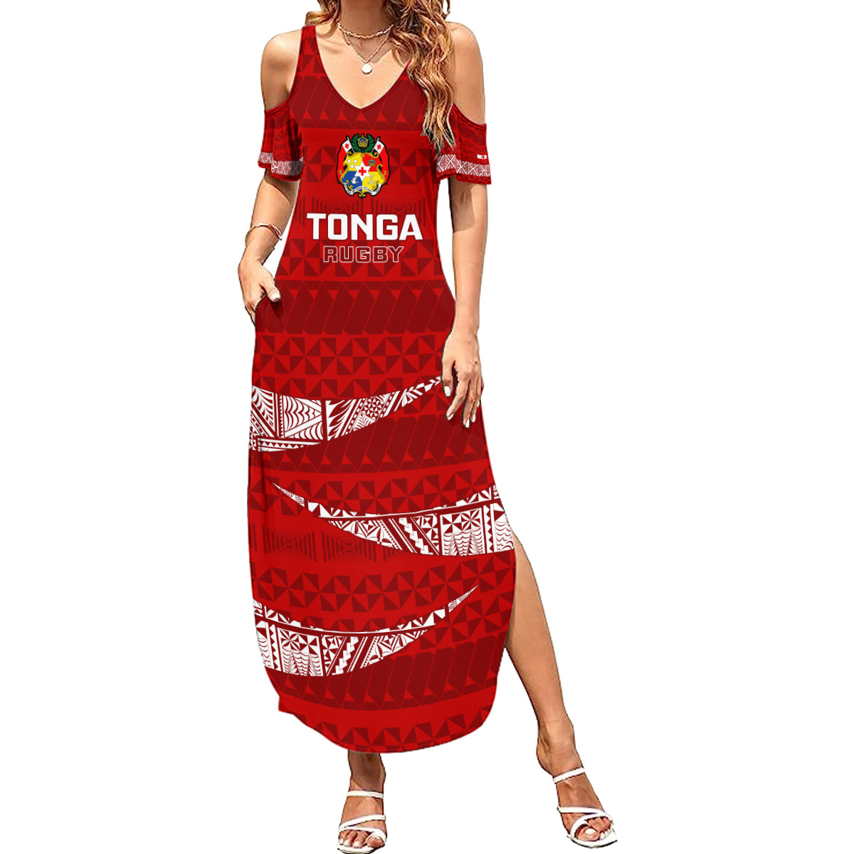 Tonga Rugby Summer Maxi Dress 2023 Ikale Tahi Tongan Ngatu Pattern LT14 Women Red - Polynesian Pride