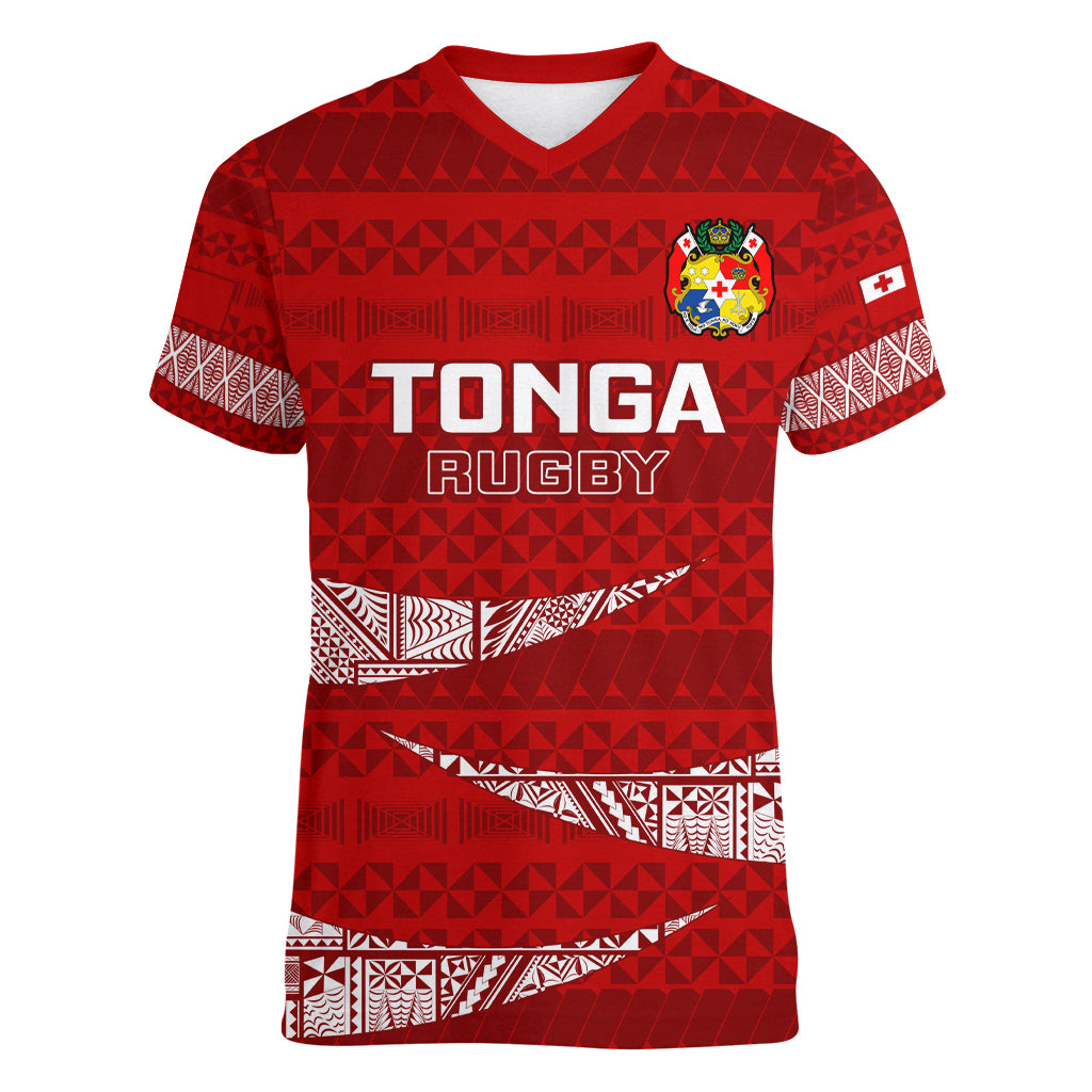 Tonga Rugby Women V Neck T Shirt 2023 Ikale Tahi Tongan Ngatu Pattern LT14 Female Red - Polynesian Pride
