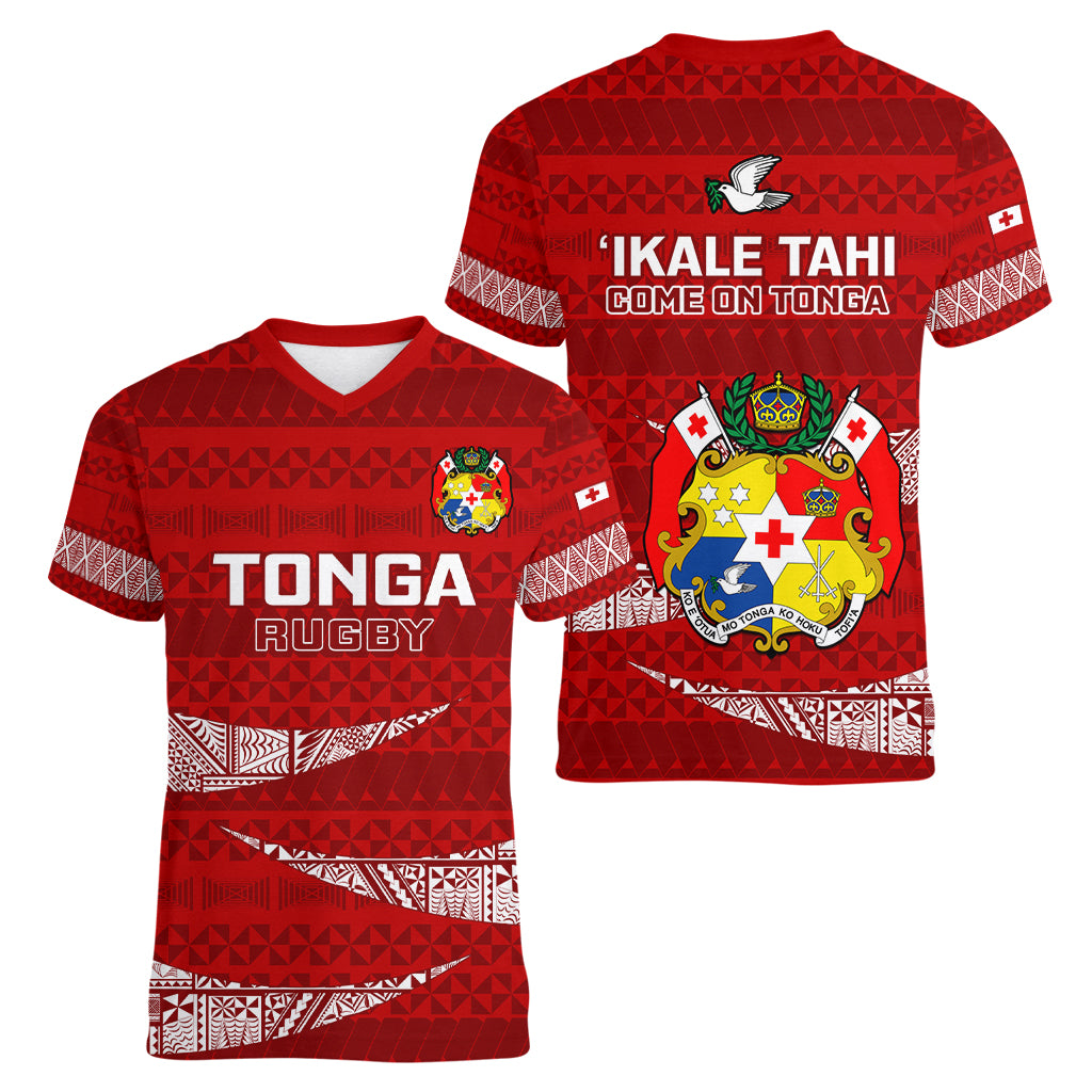 Tonga Rugby Women V Neck T Shirt 2023 Ikale Tahi Tongan Ngatu Pattern LT14 - Polynesian Pride