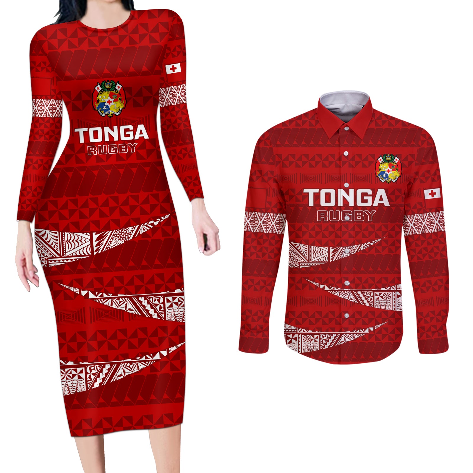 Custom Tonga Rugby Couples Matching Long Sleeve Bodycon Dress and Long Sleeve Button Shirts 2023 Ikale Tahi Tongan Ngatu Pattern LT14 Red - Polynesian Pride