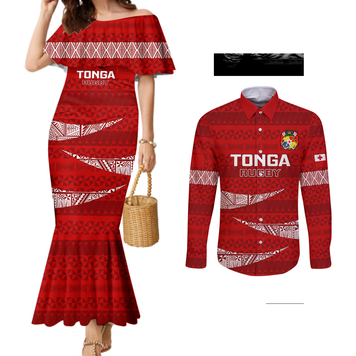 Custom Tonga Rugby Couples Matching Mermaid Dress and Long Sleeve Button Shirts 2023 Ikale Tahi Tongan Ngatu Pattern LT14 Red - Polynesian Pride