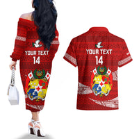 Custom Tonga Rugby Couples Matching Off The Shoulder Long Sleeve Dress and Hawaiian Shirt 2023 Ikale Tahi Tongan Ngatu Pattern LT14 - Polynesian Pride