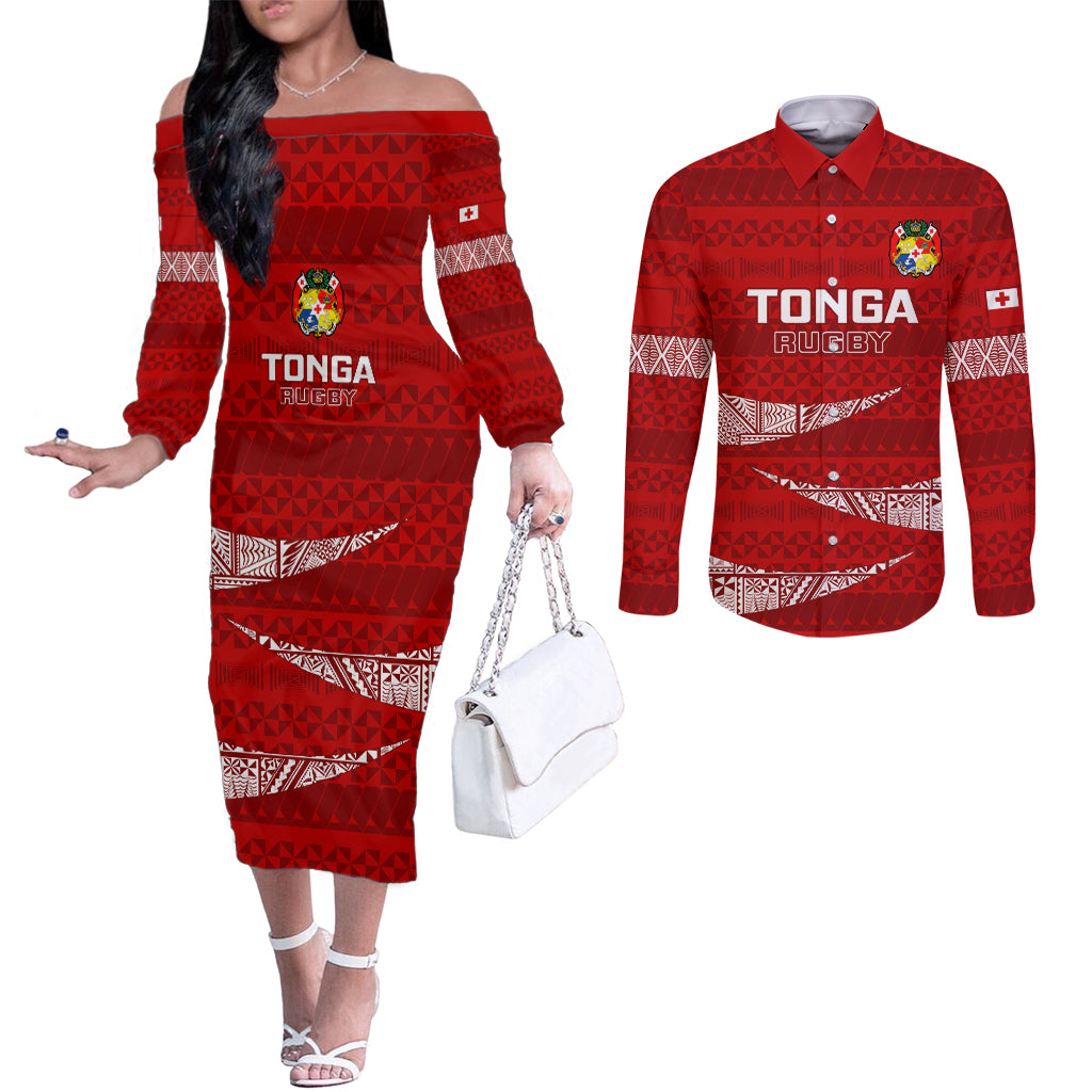 Custom Tonga Rugby Couples Matching Off The Shoulder Long Sleeve Dress and Long Sleeve Button Shirts 2023 Ikale Tahi Tongan Ngatu Pattern LT14 Red - Polynesian Pride