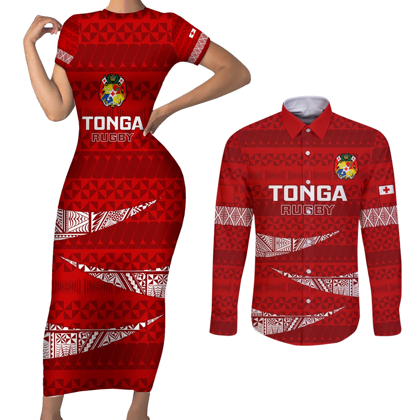 Custom Tonga Rugby Couples Matching Short Sleeve Bodycon Dress and Long Sleeve Button Shirts 2023 Ikale Tahi Tongan Ngatu Pattern LT14 Red - Polynesian Pride