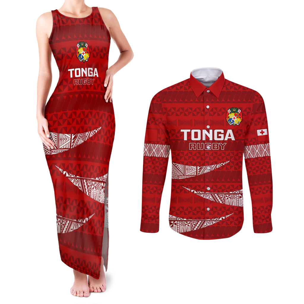Custom Tonga Rugby Couples Matching Tank Maxi Dress and Long Sleeve Button Shirts 2023 Ikale Tahi Tongan Ngatu Pattern LT14 Red - Polynesian Pride