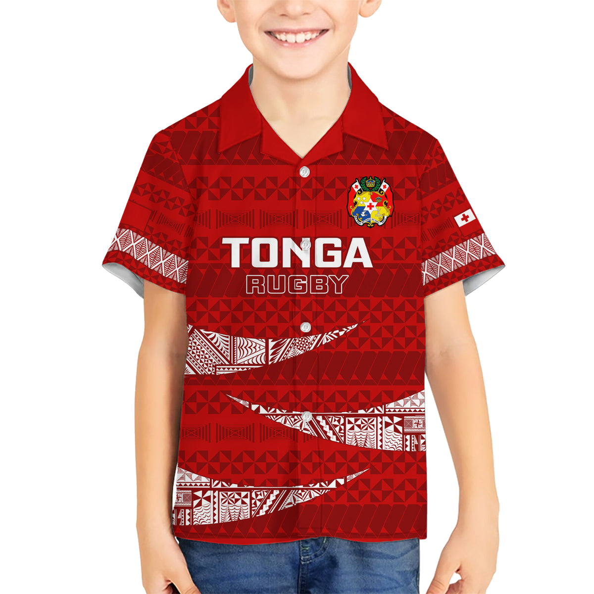 Custom Tonga Rugby Kid Hawaiian Shirt 2023 Ikale Tahi Tongan Ngatu Pattern LT14 Kid Red - Polynesian Pride