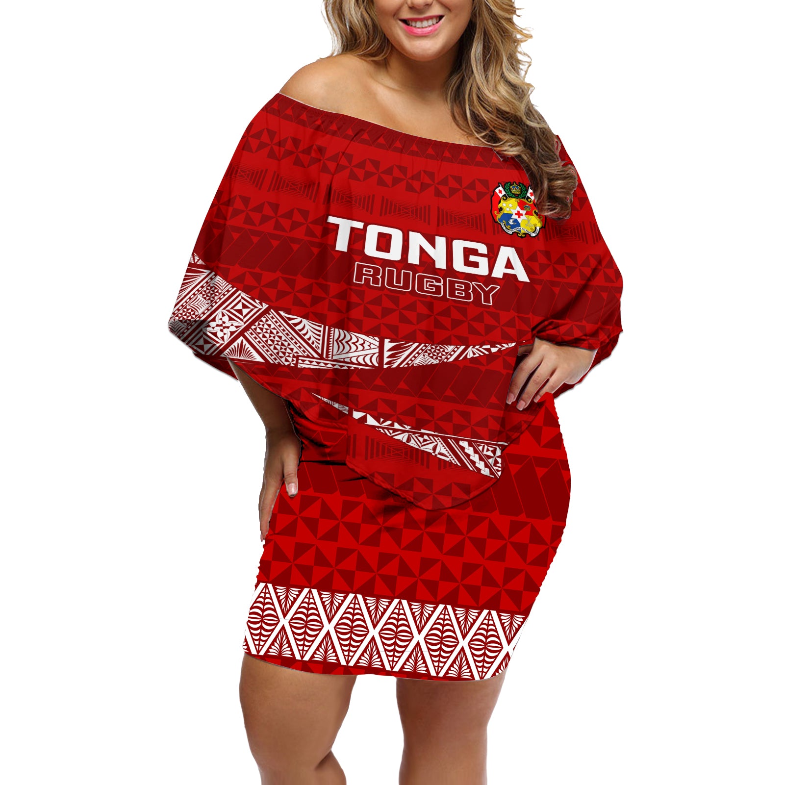 Custom Tonga Rugby Off Shoulder Short Dress 2023 Ikale Tahi Tongan Ngatu Pattern LT14 Women Red - Polynesian Pride