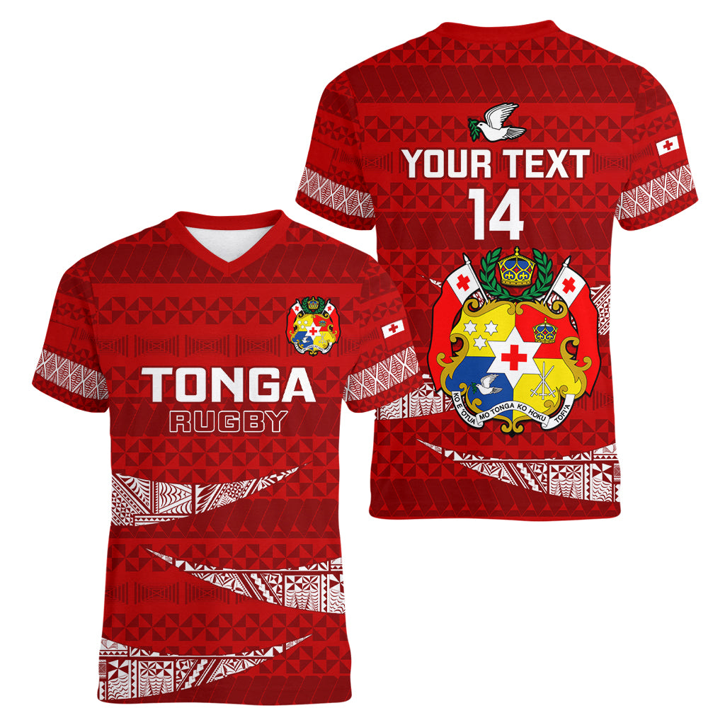 Custom Tonga Rugby Women V Neck T Shirt 2023 Ikale Tahi Tongan Ngatu Pattern LT14 - Polynesian Pride
