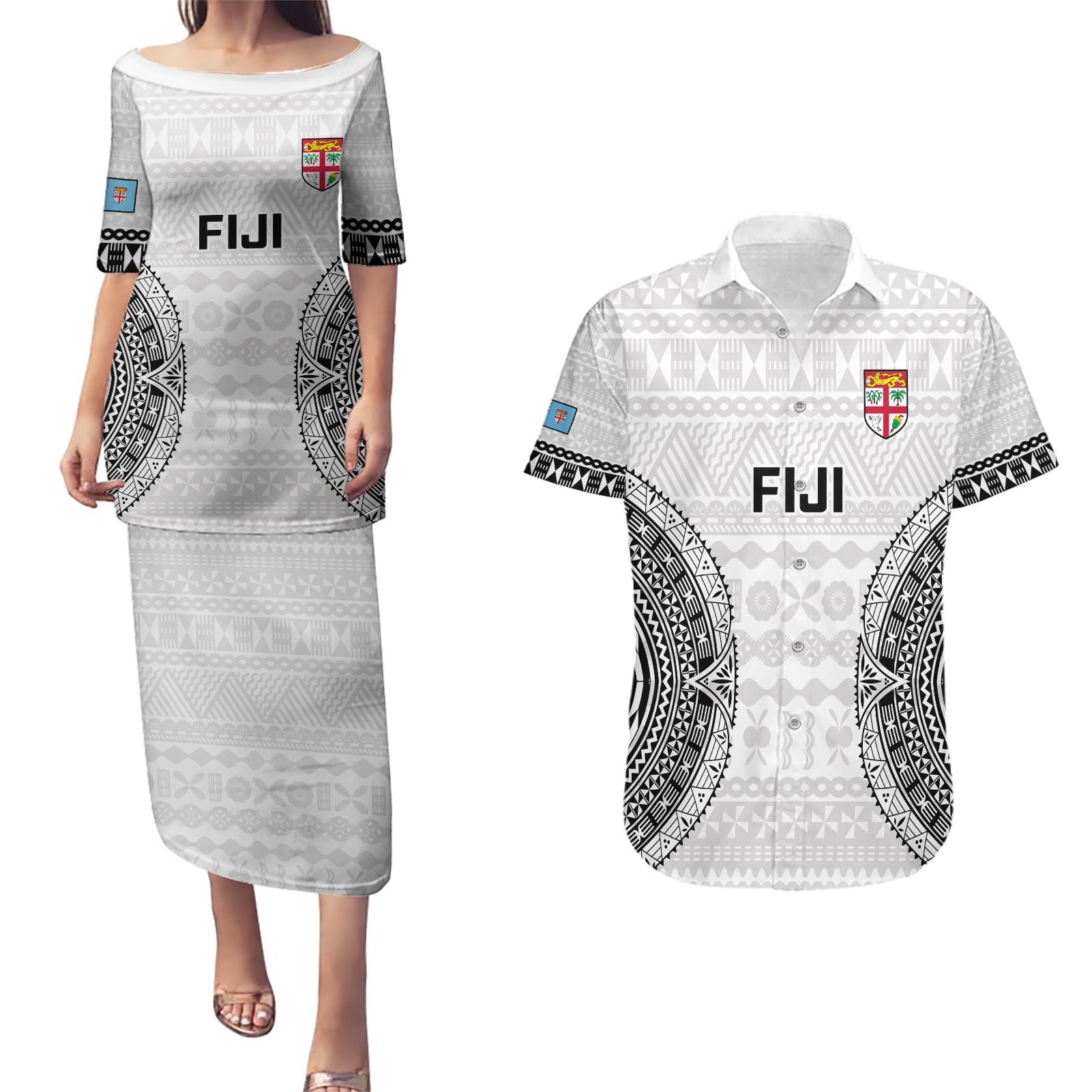 Fiji Rugby Couples Matching Puletasi Dress and Hawaiian Shirt 2023 Go Champions World Cup Fijian Tapa Pattern LT14 White - Polynesian Pride