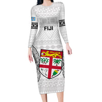 Fiji Rugby Family Matching Long Sleeve Bodycon Dress and Hawaiian Shirt 2023 Go Champions World Cup Fijian Tapa Pattern LT14 Mom's Dress White - Polynesian Pride