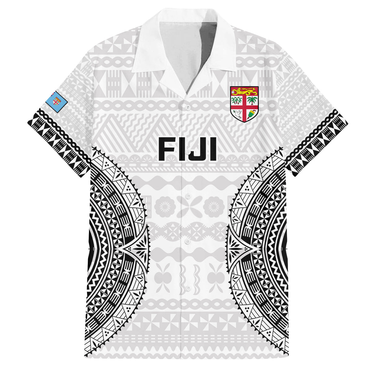 Fiji Rugby Family Matching Off Shoulder Short Dress and Hawaiian Shirt 2023 Go Champions World Cup Fijian Tapa Pattern LT14 Dad's Shirt - Short Sleeve White - Polynesian Pride