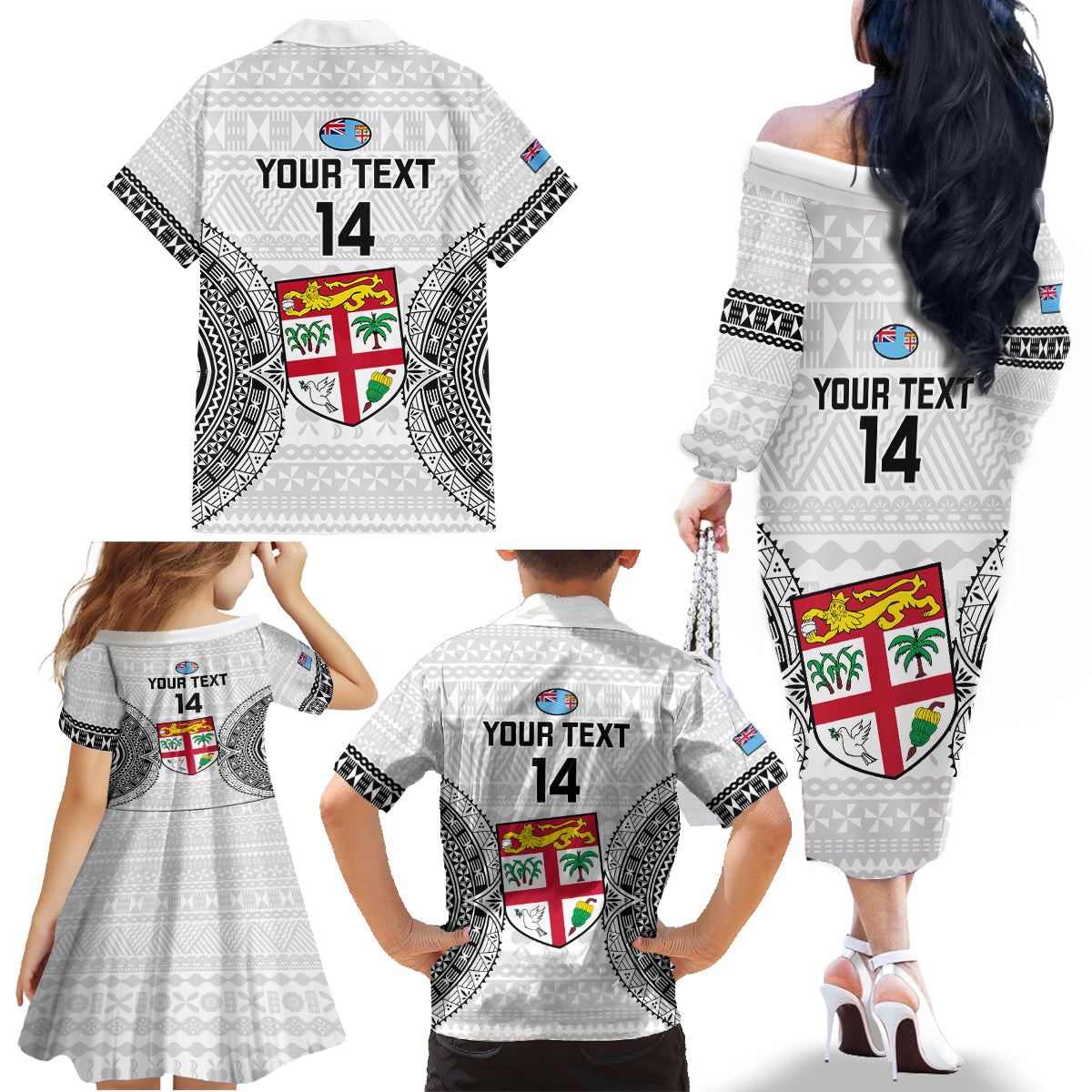 Custom Fiji Rugby Family Matching Off Shoulder Long Sleeve Dress and Hawaiian Shirt 2023 Go Champions World Cup Fijian Tapa Pattern LT14 - Polynesian Pride