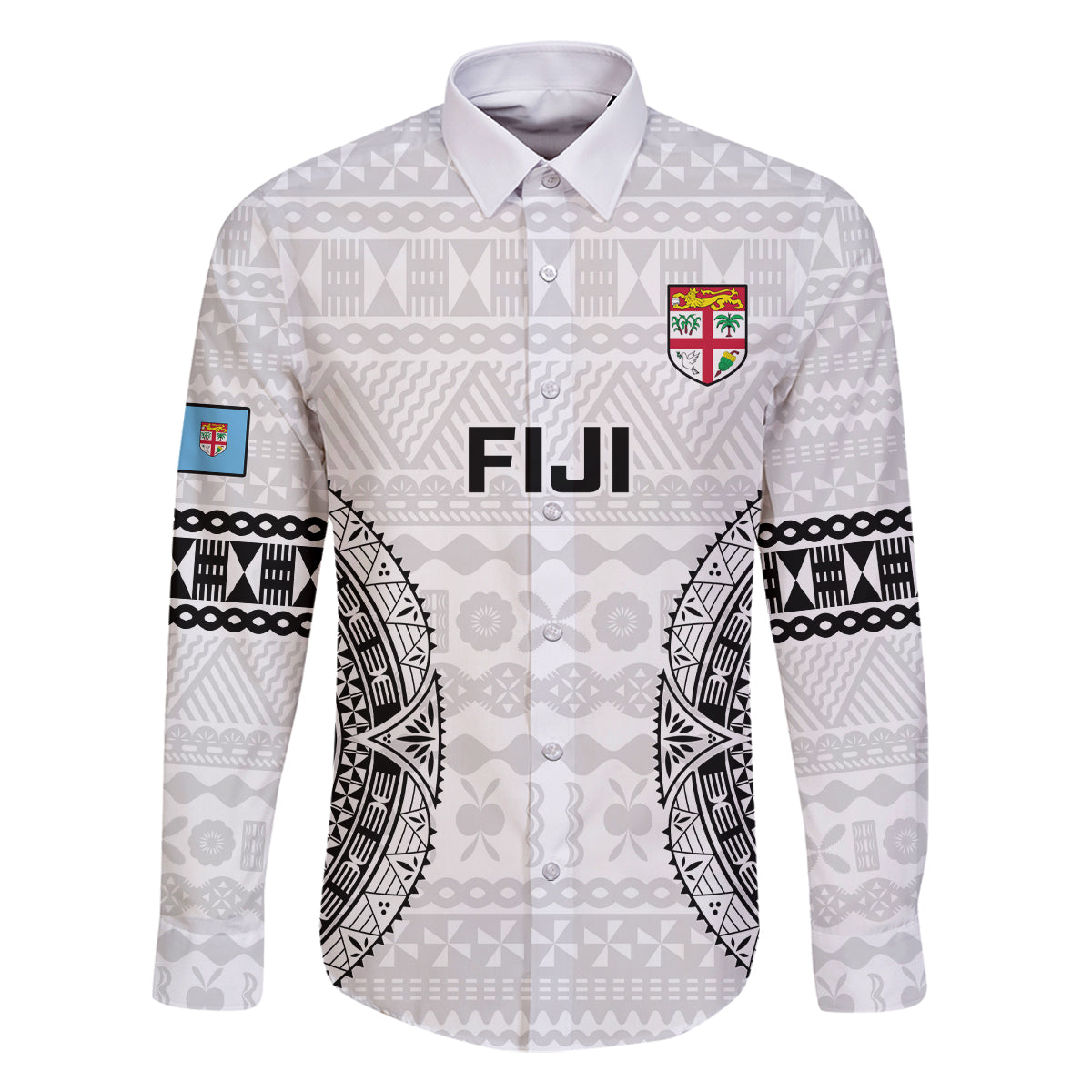 Custom Fiji Rugby Family Matching Off Shoulder Maxi Dress and Hawaiian Shirt 2023 Go Champions World Cup Fijian Tapa Pattern LT14 Dad's Shirt - Long Sleeve White - Polynesian Pride