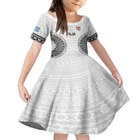 Custom Fiji Rugby Family Matching Off Shoulder Short Dress and Hawaiian Shirt 2023 Go Champions World Cup Fijian Tapa Pattern LT14 Daughter's Dress White - Polynesian Pride
