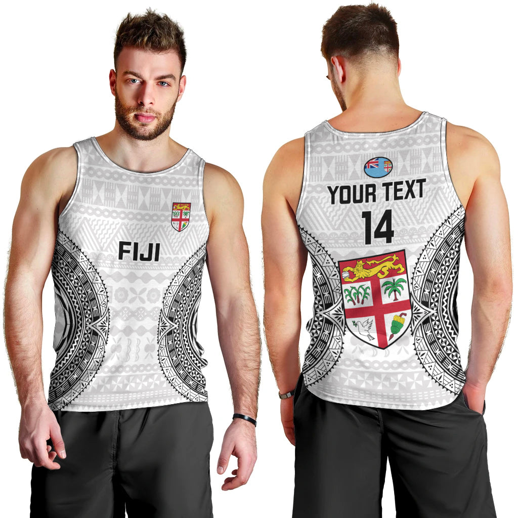 Personalised Fiji Rugby Men Tank Top 2023 Go Fijian Tapa Pattern World Cup LT14 White - Polynesian Pride