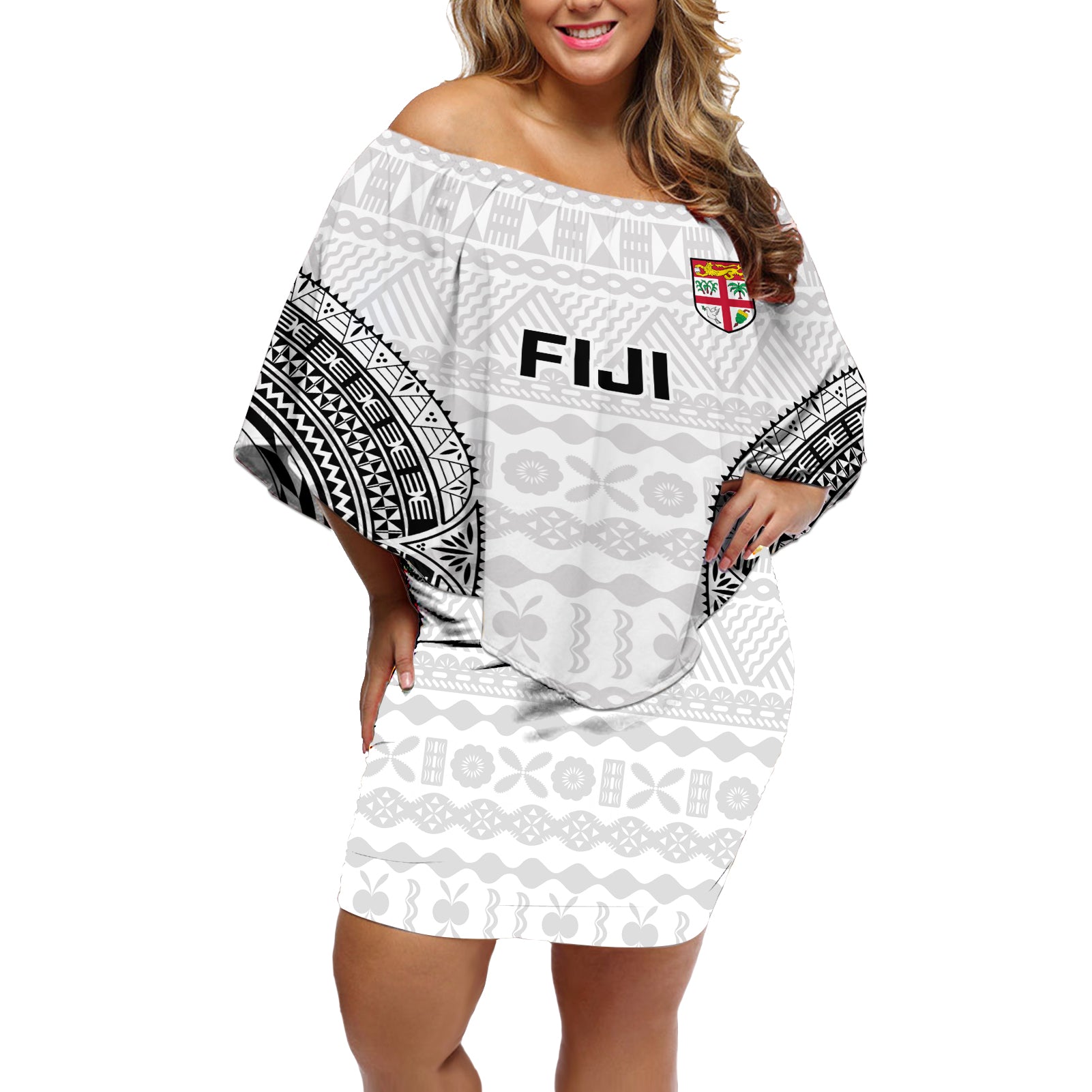 Custom Fiji Rugby Off Shoulder Short Dress 2023 Go Champions World Cup Fijian Tapa Pattern LT14 Women White - Polynesian Pride