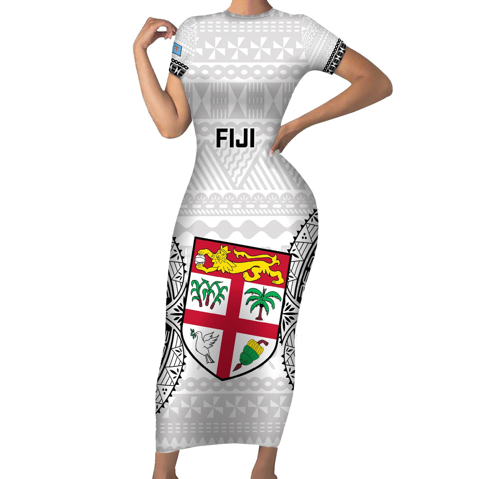 Custom Fiji Rugby Short Sleeve Bodycon Dress 2023 Go Champions World Cup Fijian Tapa Pattern LT14 Long Dress White - Polynesian Pride
