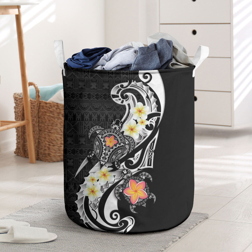 Bula Fiji Tapa Turtle Laundry Basket Plumeria Fijian Masi Vonu Black
