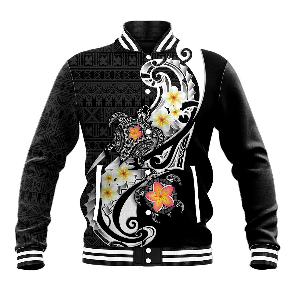 Bula Fiji Tapa Turtle Baseball Jacket Plumeria Fijian Masi Vonu Black LT14 Unisex Black - Polynesian Pride