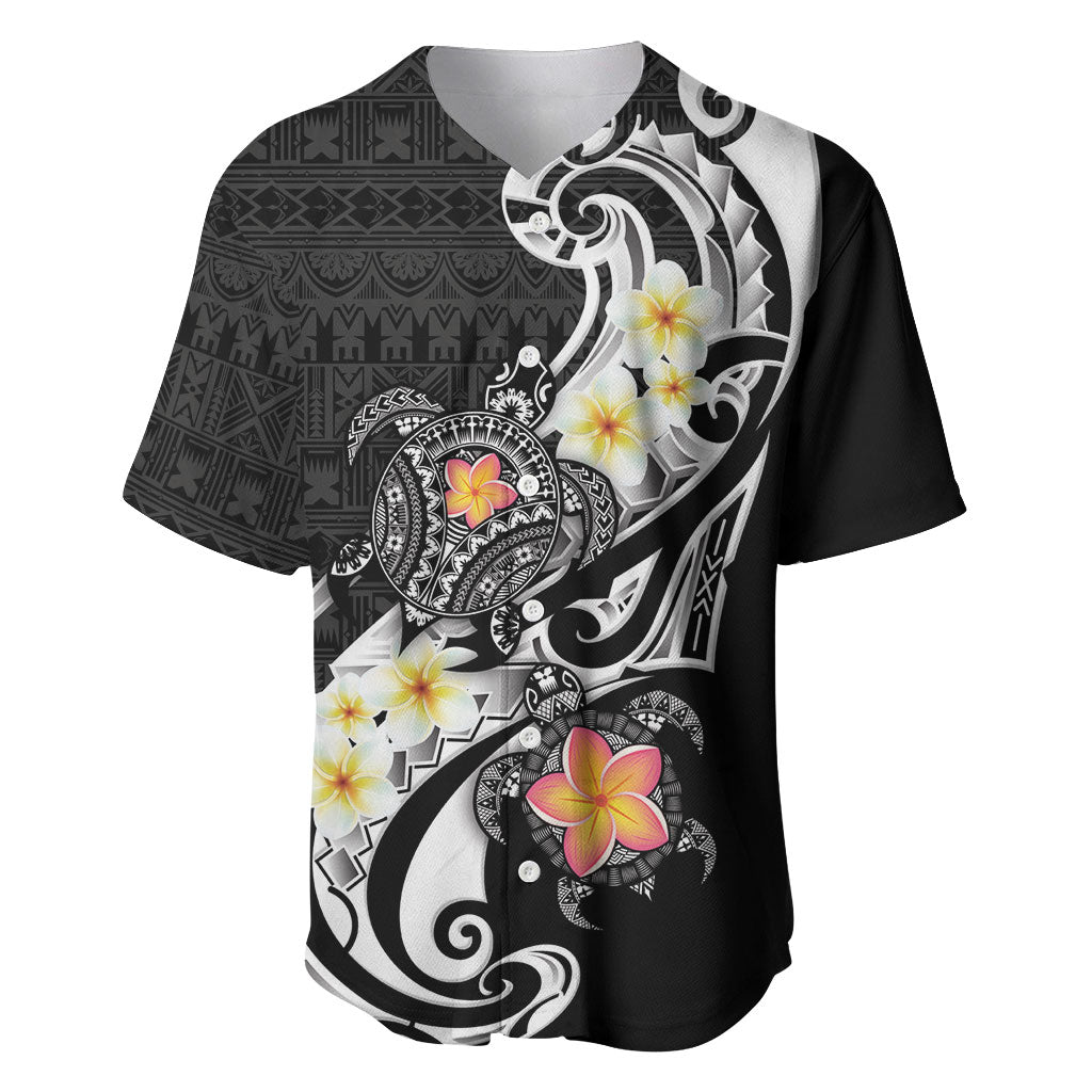 Bula Fiji Tapa Turtle Baseball Jersey Plumeria Fijian Masi Vonu Black