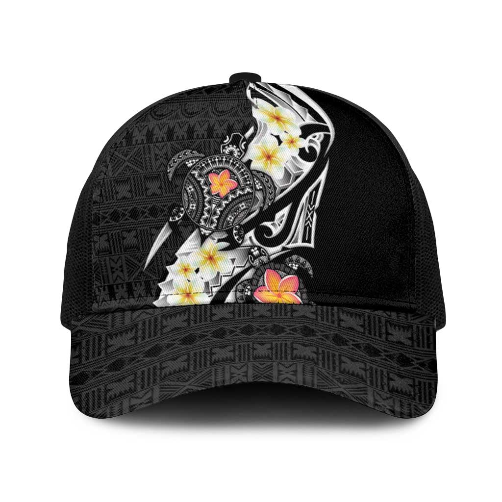 Bula Fiji Tapa Turtle Baseball Net Cap Plumeria Fijian Masi Vonu Black
