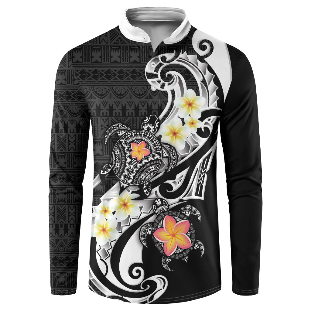 Bula Fiji Tapa Turtle Button Sweatshirt Plumeria Fijian Masi Vonu Black