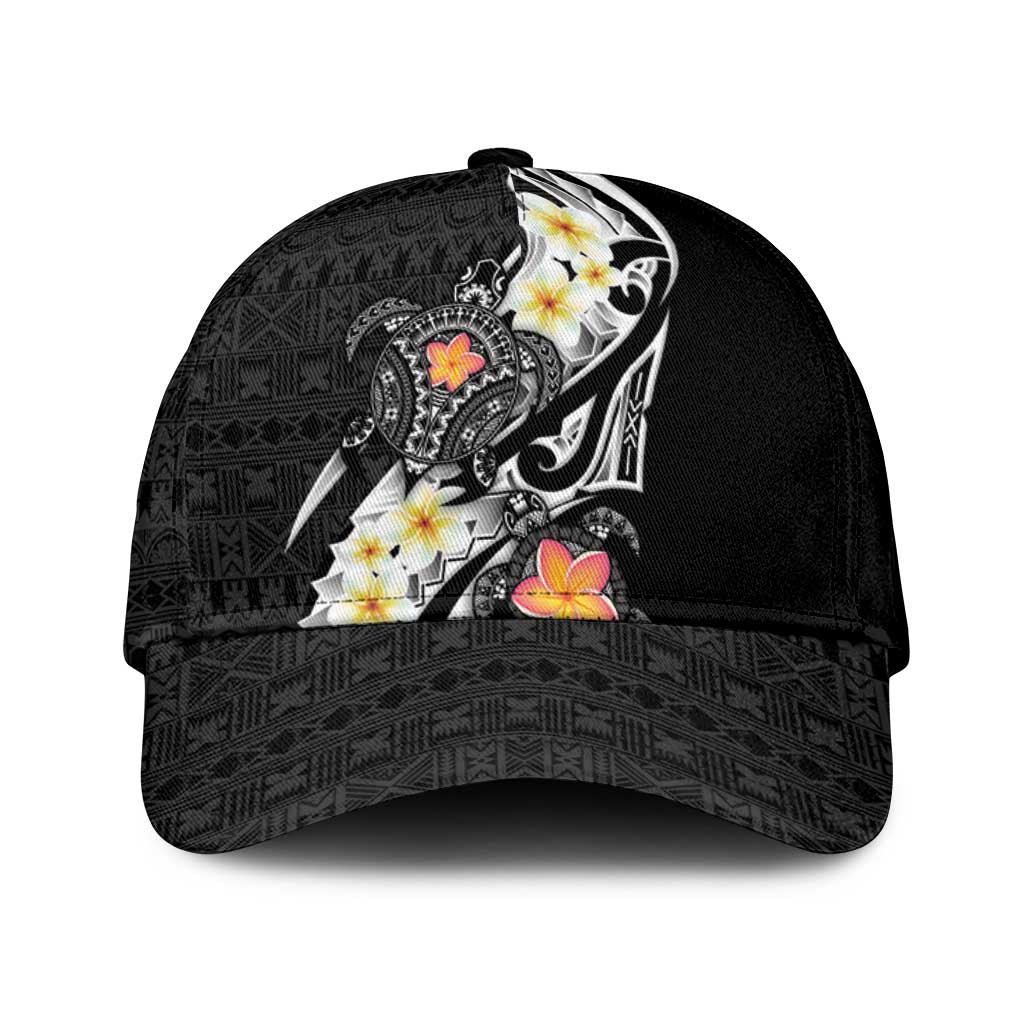 Bula Fiji Tapa Turtle Classic Cap Plumeria Fijian Masi Vonu Black