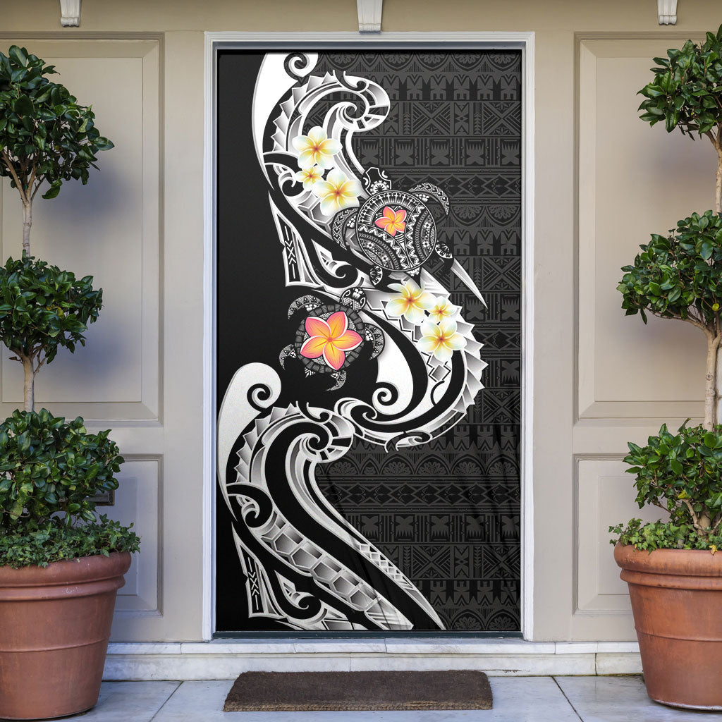 Bula Fiji Tapa Turtle Door Cover Plumeria Fijian Masi Vonu Black