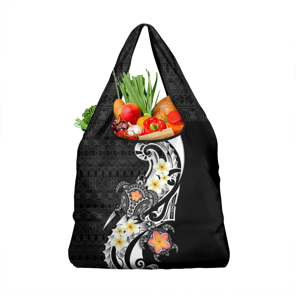 Bula Fiji Tapa Turtle Grocery Bag Plumeria Fijian Masi Vonu Black LT14 1-pack One Size Black - Polynesian Pride