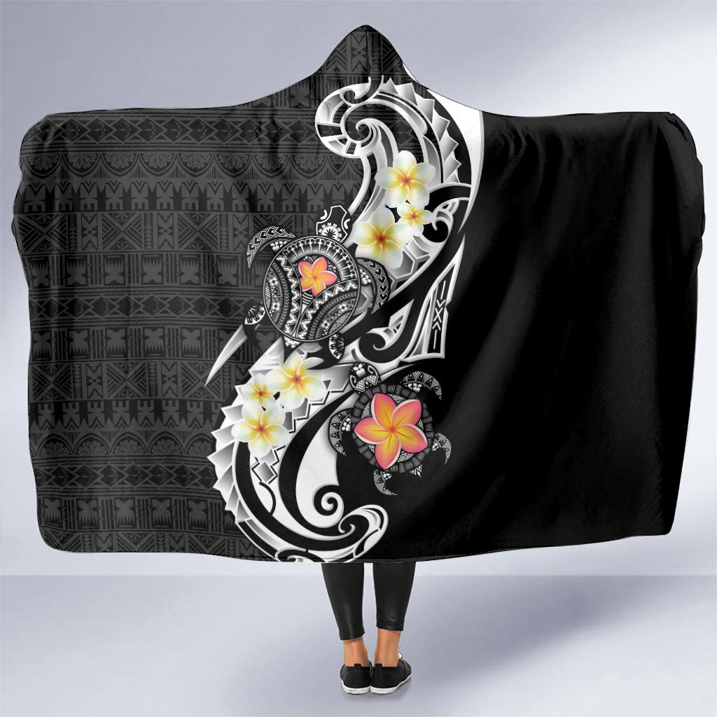 Bula Fiji Tapa Turtle Hooded Blanket Plumeria Fijian Masi Vonu Black LT14 One Size Black - Polynesian Pride